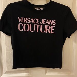 Versace Jeans Couture Black Cropped T-Shirt with Pink Logo